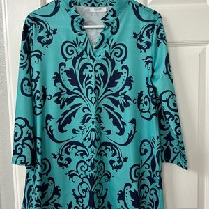 Green and Navy Damask Notch Neck Tunic